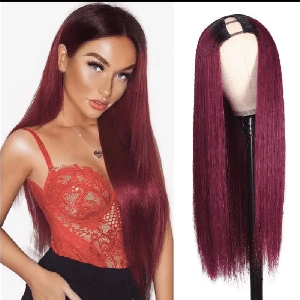 Straight U-Part Wig or Half-Wig in Burgundy